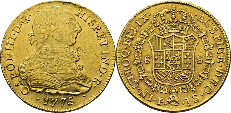 CARLOS III. Popayán. 8 escudos. 1775. JS. Cy12870. Restrepo73-14 variante. 26´98...