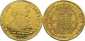 Popayán. 8 escudos. 1775. JS. EBC/EBC+. Atractivo
