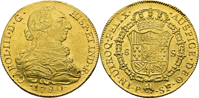 CARLOS III. Popayán. 8 escudos. 1780. SF. Cy12922. Restrepo73-26. 27´17 g. Suave...