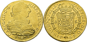Popayán. 8 escudos. 1781. S-F. Casi EBC+/casi SC-. Muy buen ejemplar. Muy escasa
