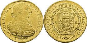 Popayán. 8 escudos. 1782. S-F. Prácticamente SC. Muy buen ejemplar. Muy rara