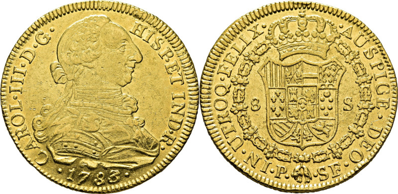 CARLOS III. Popayán. 8 escudos. 1783 rectificado sobre otro 3 algo dislocado. SF...