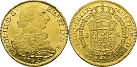 Popayán. 8 escudos. 1785. SF. SC/casi SC+. Soberbio. Muy rara