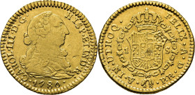 Potosí. 1 escudo. 1780. P-R. Atractiva. Solo conocemos cuatro ejemplares. Muy rara