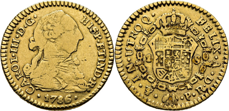 CARLOS III. Potosí. 1 escudo. 1786 sobre 5. P-R. Cy12354. 3´32 g. Dos marquitas ...