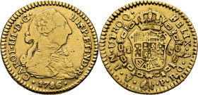 Potosí. 1 escudo. 1786 sobre 5. P-R. Solo conocemos cuatro ejemplares. Muy rara