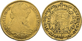 Potosí. 4 escudos. 1788 sobre 7. PR sin punto entre las siglas. Rarísima