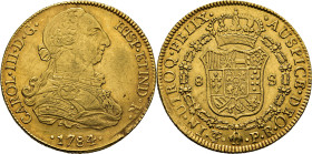 Potosí. 8 escudos. 1784 sobre 3. P-R. EBC/EBC+. Tono intenso. Atractivo. Escasa