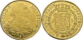 Potosí. 8 escudos. 1785. P-R. EBC+. Bello ejemplar. Muy escasa