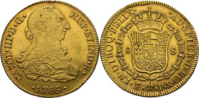 Potosí. 8 escudos. 1786 sobre 5. P-R. EBC. Destacable ejemplar. Escasa