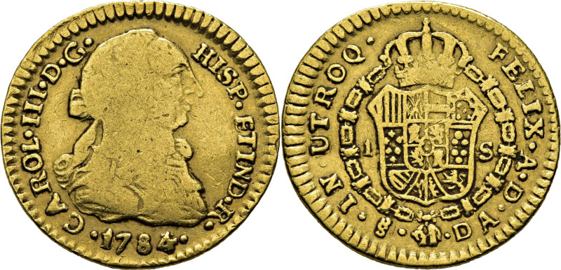 CARLOS III. Santiago. 1 escudo. 1784 sobre 3. DA. Cy no cita esta rectificación ...