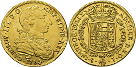 Santiago. 4 escudos. 1764 sobre 3. J. EBC-/casi EBC+. Atractivo. Extremadamente rara. ¿Única?