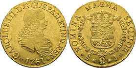 Santiago. 8 escudos. 1761. J. Busto de Fernando VI. EBC. Atractivo. Rara