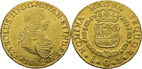 Santiago. 8 escudos. 1762. J. Busto de Fernando VI. Casi EBC+. Muy buen ejemplar. Muy rara