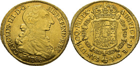 Santiago. 8 escudos. 1766. J. EBC-/EBC. Atractivo. Rara