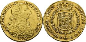 Santiago. 8 escudos. 1772 sobre 71. A. Variante de busto. Rarísima