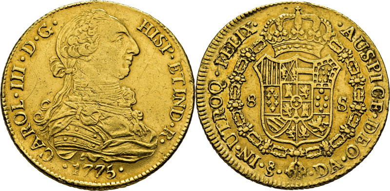 CARLOS III. Santiago. 8 escudos. 1775. DA. Cy12872. 26´99 g. Frotada. Rayitas. E...