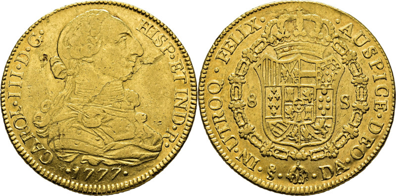 CARLOS III. Santiago. 8 escudos. 1777. DA. Cy12891. 26´96 g. Acuñación descuidad...