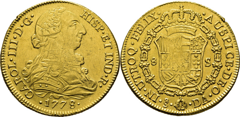 CARLOS III. Santiago. 8 escudos. 1778 sobre 7. DA. Cy12904. 26´99 g. Frotada int...