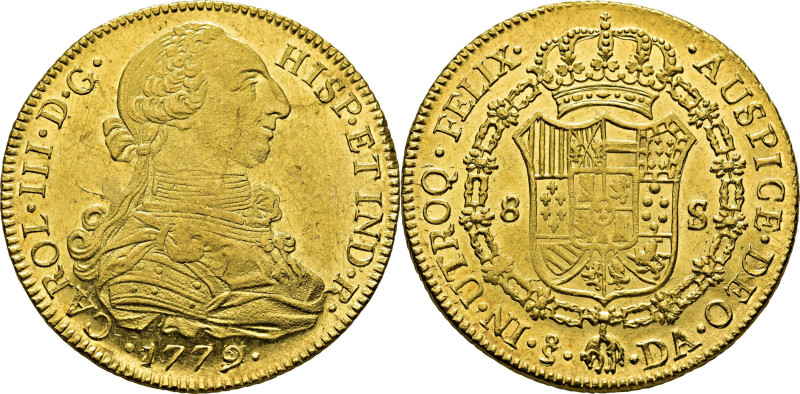 CARLOS III. Santiago. 8 escudos. 1779 sobre 8. DA. Cy no cita esta rectificación...