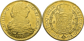 Santiago. 8 escudos. 1780. SC-/SC. Muy buen ejemplar. Muy escasa
