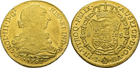 Santiago. 8 escudos. 1781 sobre 70. DA. EBC+/prácticamente SC-. Atractivo. Escasa