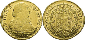 Santiago. 8 escudos. 1785. DA. SC/SC+. Soberbio. Rarísima