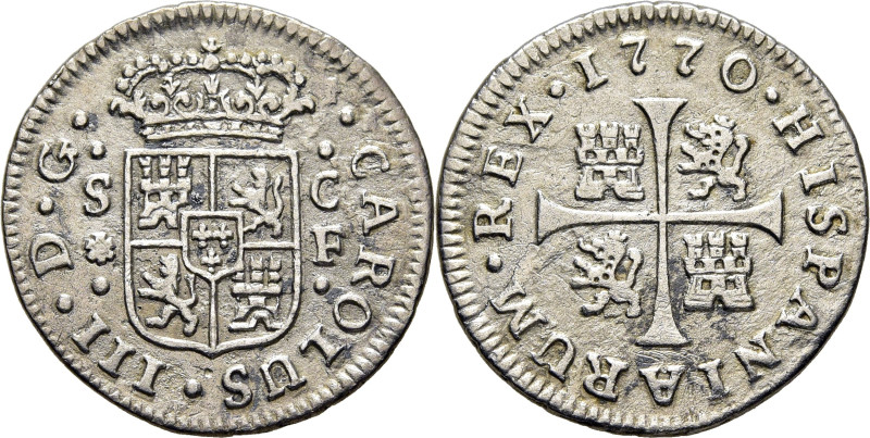 CARLOS III. Sevilla. 1/2 real. 1770. CF. Cy11097. 1´24 g. Metal agrio por una cu...