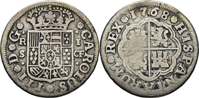 CARLOS III. Sevilla. 1 real. 1768. CF. Cy11291. 2´61 g. Rayas en reverso, que es...