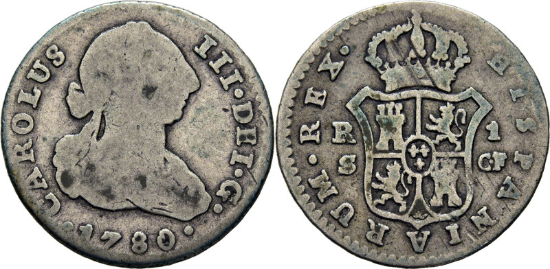 CARLOS III. Sevilla. 1 real. 1780. CF. Cy11381. 2´68 g. Restos de adherencias li...