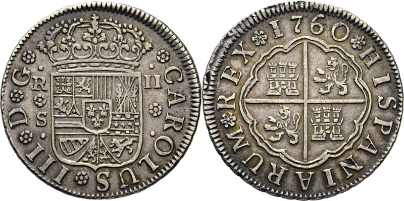 CARLOS III. Sevilla. 2 reales. 1760. Sin ensayador. Cy no cita. 5´83 g. Fallito ...