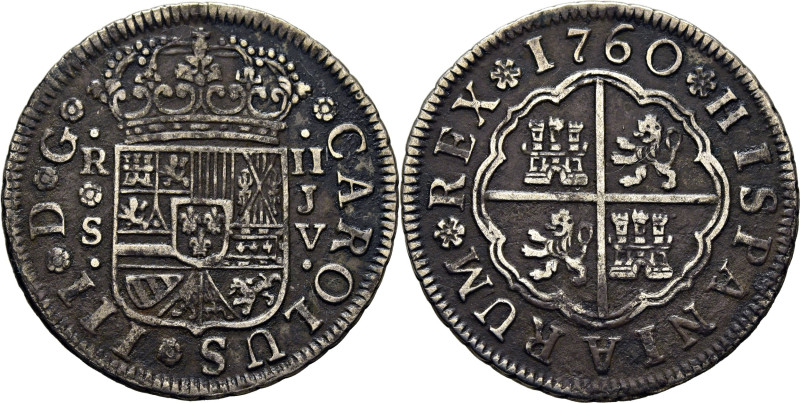 CARLOS III. Sevilla. 2 reales. 1760. JV. Cy11455. 5´90 g. Ligera oxidación super...