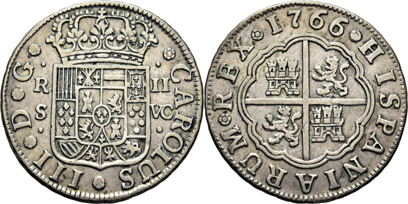 CARLOS III. Sevilla. 2 reales. 1766. VC. Cy11492. 5´91 g. Leves restos de adhere...