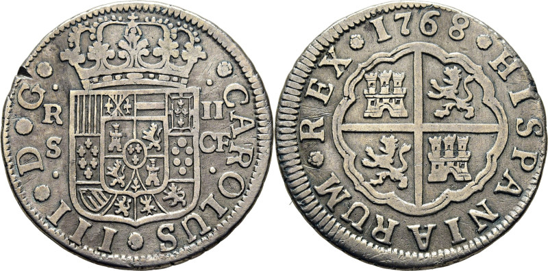 CARLOS III. Sevilla. 2 reales. 1768. CF. Cy11507. 5´55 g. Rayitas en leyenda del...