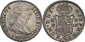 Sevilla. 2 reales. 1780. CF. Prácticamente SC. Soberbio. Muy rara