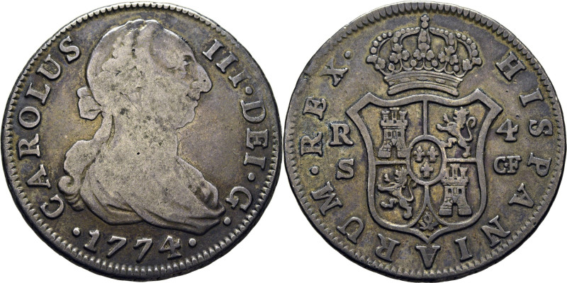 CARLOS III. Sevilla. 4 reales. 1774. CF. Cy11771. 13´15 g. BC+/MBC. Tono oscuro