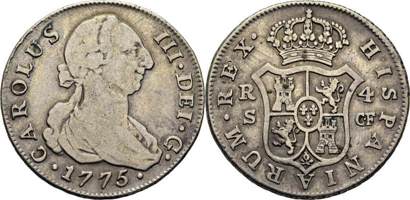 CARLOS III. Sevilla. 4 reales. 1775. CF. Cy11778. 13´23 g. Suaves y finas rayita...