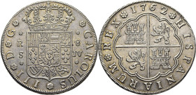 Sevilla. 8 reales. 1762. JV. EBC. Atractivo. Rara