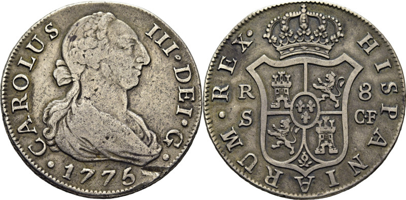 CARLOS III. Sevilla. 8 reales. 1775. CF. Cy12033. 26´46 g. Abundantes cocas de m...