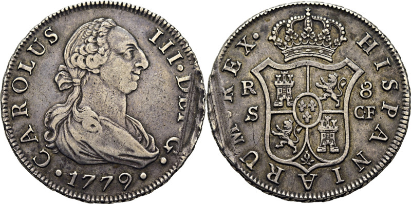 CARLOS III. Sevilla. 8 reales. 1779. CF. Cy12069. 26´89 g. Marquitas. Grafiti y ...