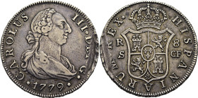 Sevilla. 8 reales. 1779. CF. EBC-. Intenso y bello tono. Atractivo. Muy rara