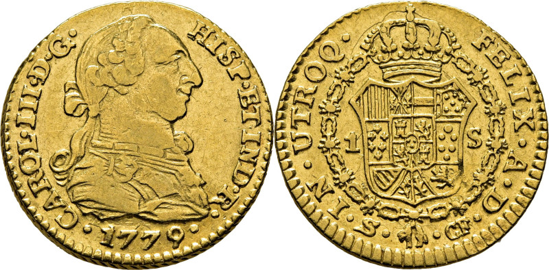 CARLOS III. Sevilla. 1 escudo. 1779. CF. Cy12300. 3´33 g. Suaves y finas rayitas...