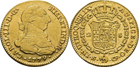 Sevilla. 2 escudos. 1779 sobre 7. CF. EBC-/EBC. Tono. Atractivo. Escasa