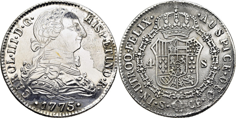 CARLOS III. Sevilla. 4 escudos. 1775. CF. Falsa de época en platino. 13´46 g. Me...