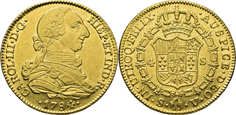 CARLOS III. Sevilla. 4 escudos. 1784 rectificado sobre lo que parece 2. V. Cy no...