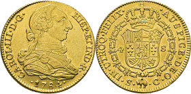 Sevilla. 4 escudos. 1784 sobre lo que parece un ¿9 o 0?. C. EBC/casi SC-. Atractivo. Muy escasa