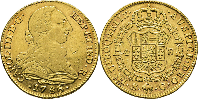 CARLOS III. Sevilla. 4 escudos. 1785 sobre lo que parece ser un 5. C. Cy no cita...