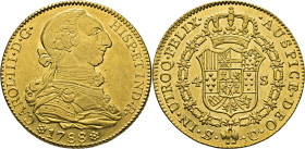 Sevilla. 4 escudos. 1788 sobre un 7. C sobre CM. Casi SC-. Atractivo. Rara