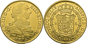 Sevilla. 8 escudos. 1775. CF. SC-/SC+. Bellísimo ejemplar. Soberbio reverso. Rara