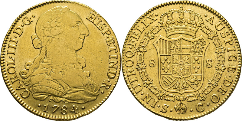 CARLOS III. Sevilla. 8 escudos. 1784. C. Cy12966. 26´88 g. Bastantes marquitas. ...